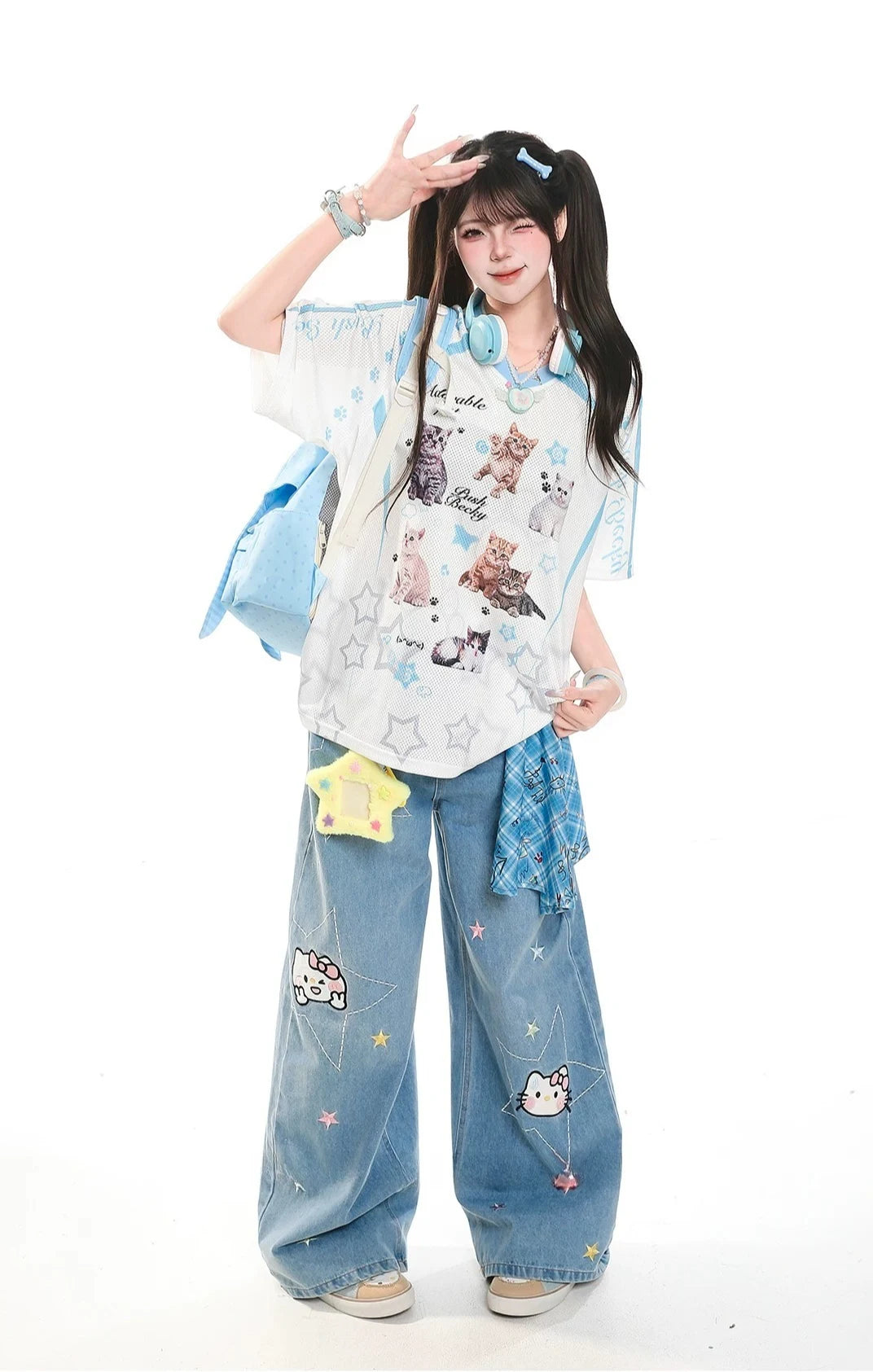 Cat Graphic V Neck T Shirt OL2367