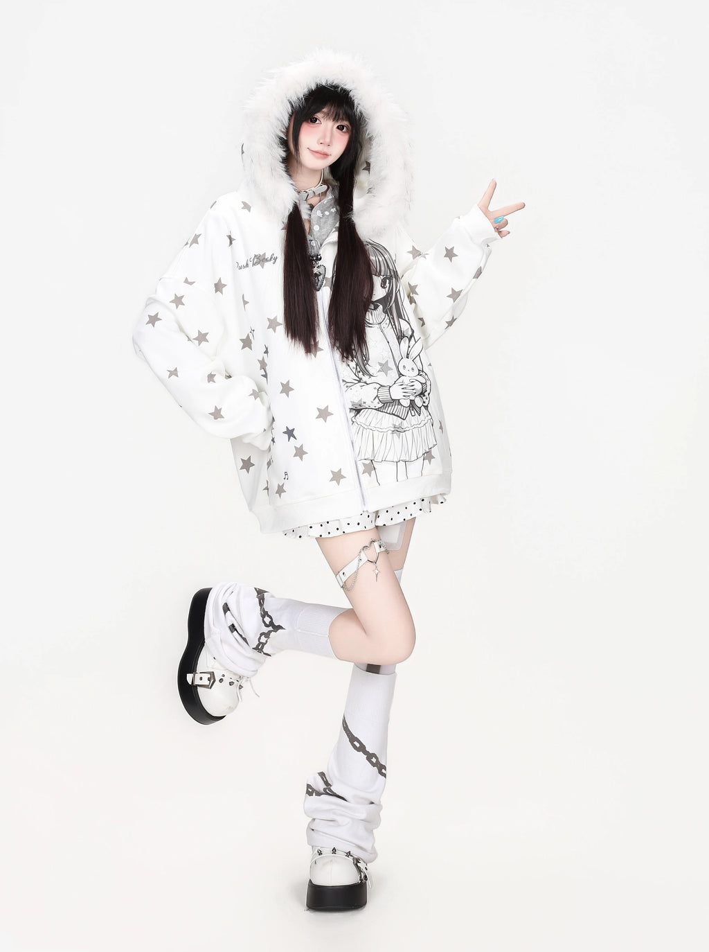 Anime Girl Star Fur Trim Zip Hoodie OL2474 oliviroa オリヴィオラ