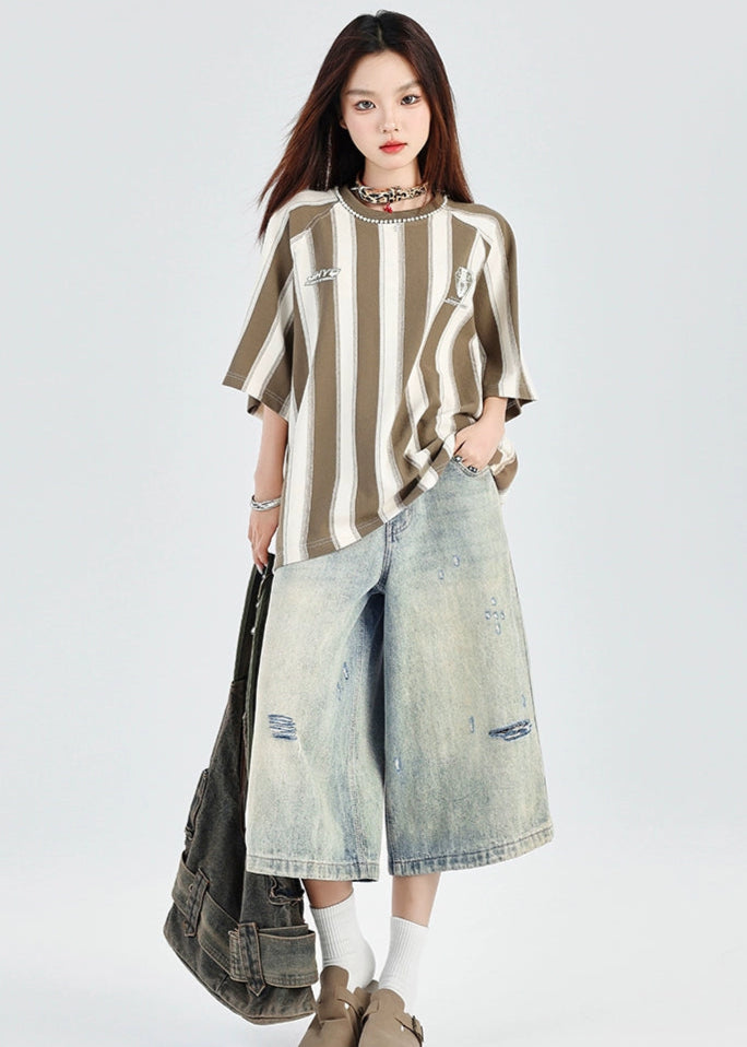ダメージ加工 デニムショートパンツ レディース ワイド 夏用