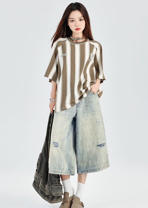 ダメージ加工 デニムショートパンツ レディース ワイド 夏用