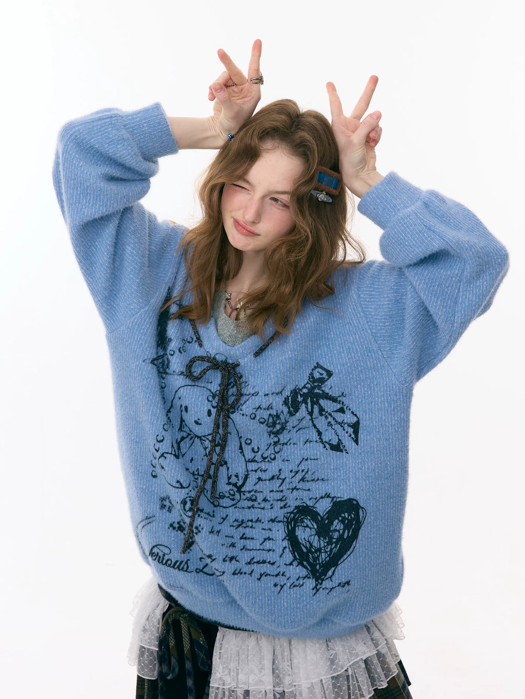 Rabbit Graphic V Neck Sweater OL2454 oliviroa オリヴィオラ
