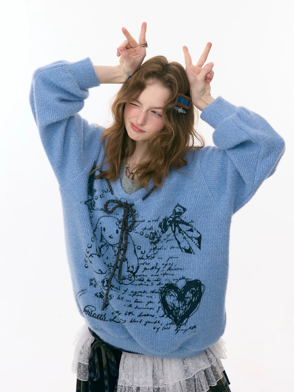 Rabbit Graphic V Neck Sweater OL2454 oliviroa オリヴィオラ