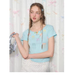 リボンプリント スリムフィット 半袖Tシャツ レディース