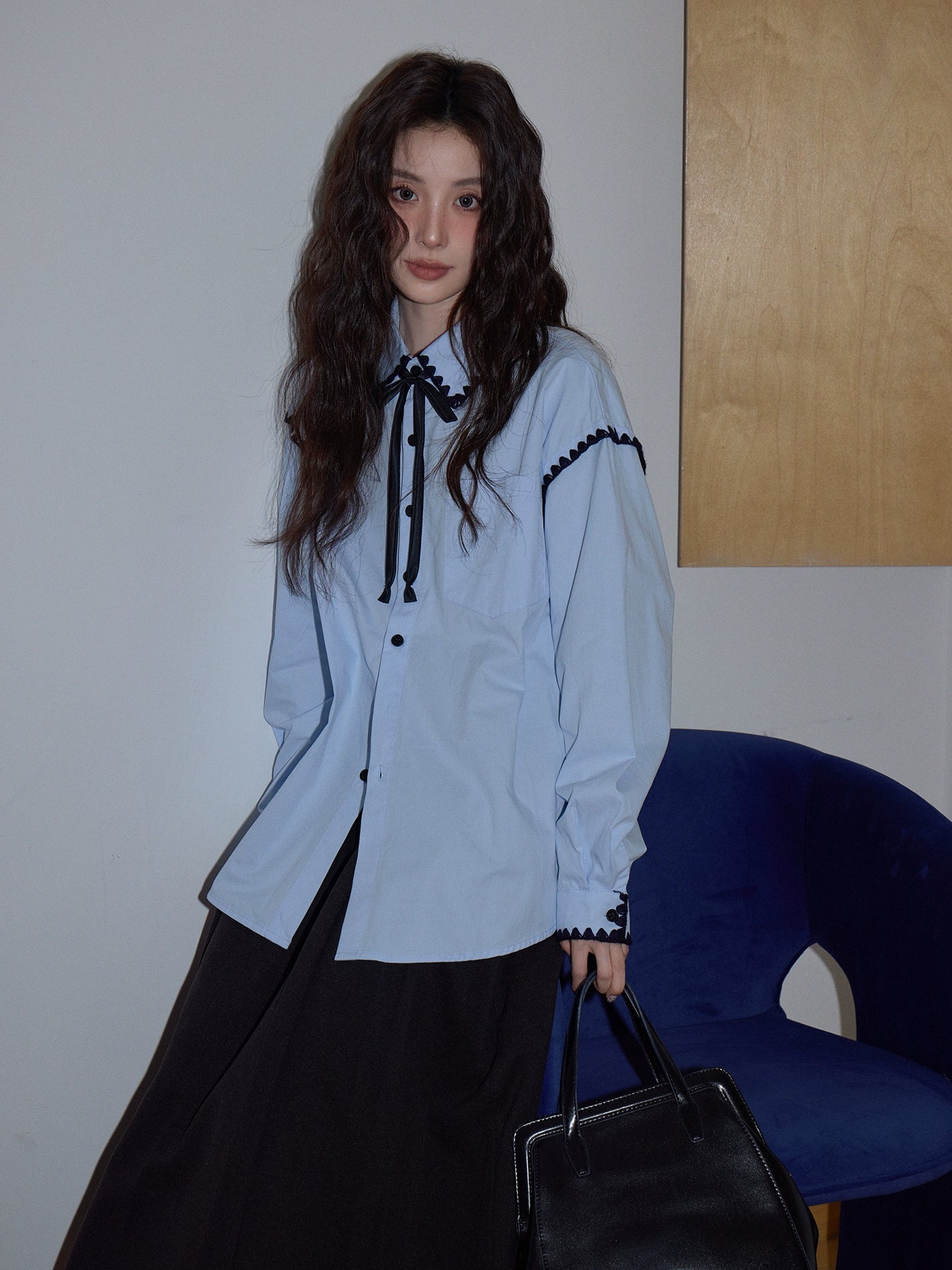 ブルー デザインシャツ 学院風スタイル