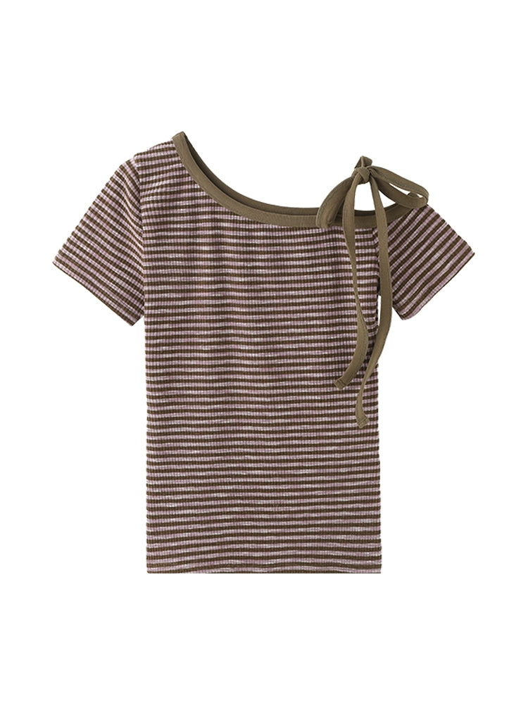 韓国風 オフショルダー タイトTシャツ 紫ボーダー  OL1820
