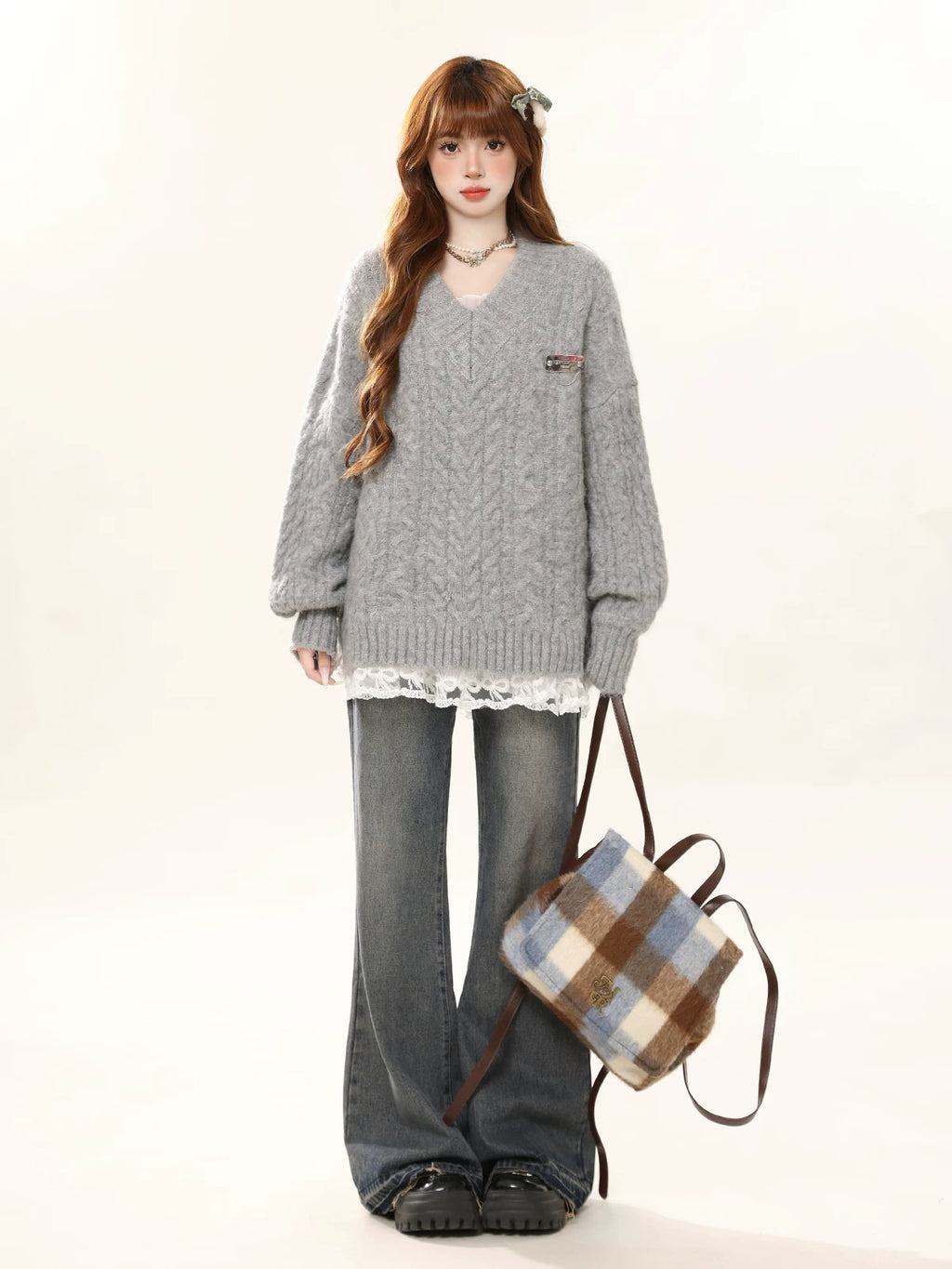 Cable V Neck Sweater and Lace Cami Dress OL2470 oliviroa オリヴィオラ
