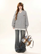 Cable V Neck Sweater and Lace Cami Dress OL2470 oliviroa オリヴィオラ