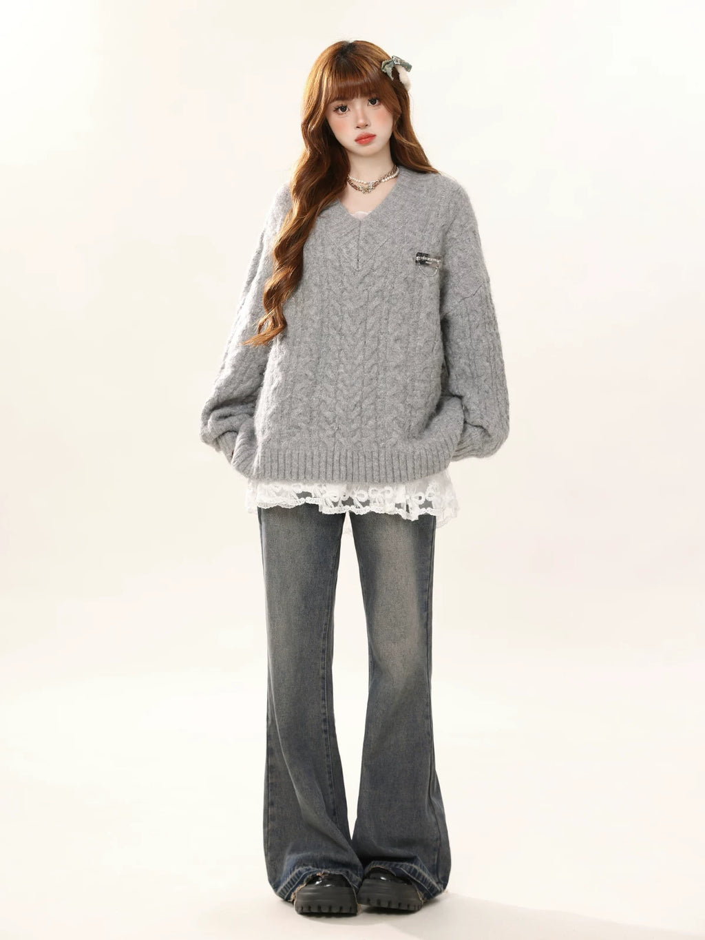 Cable V Neck Sweater and Lace Cami Dress OL2470 oliviroa オリヴィオラ
