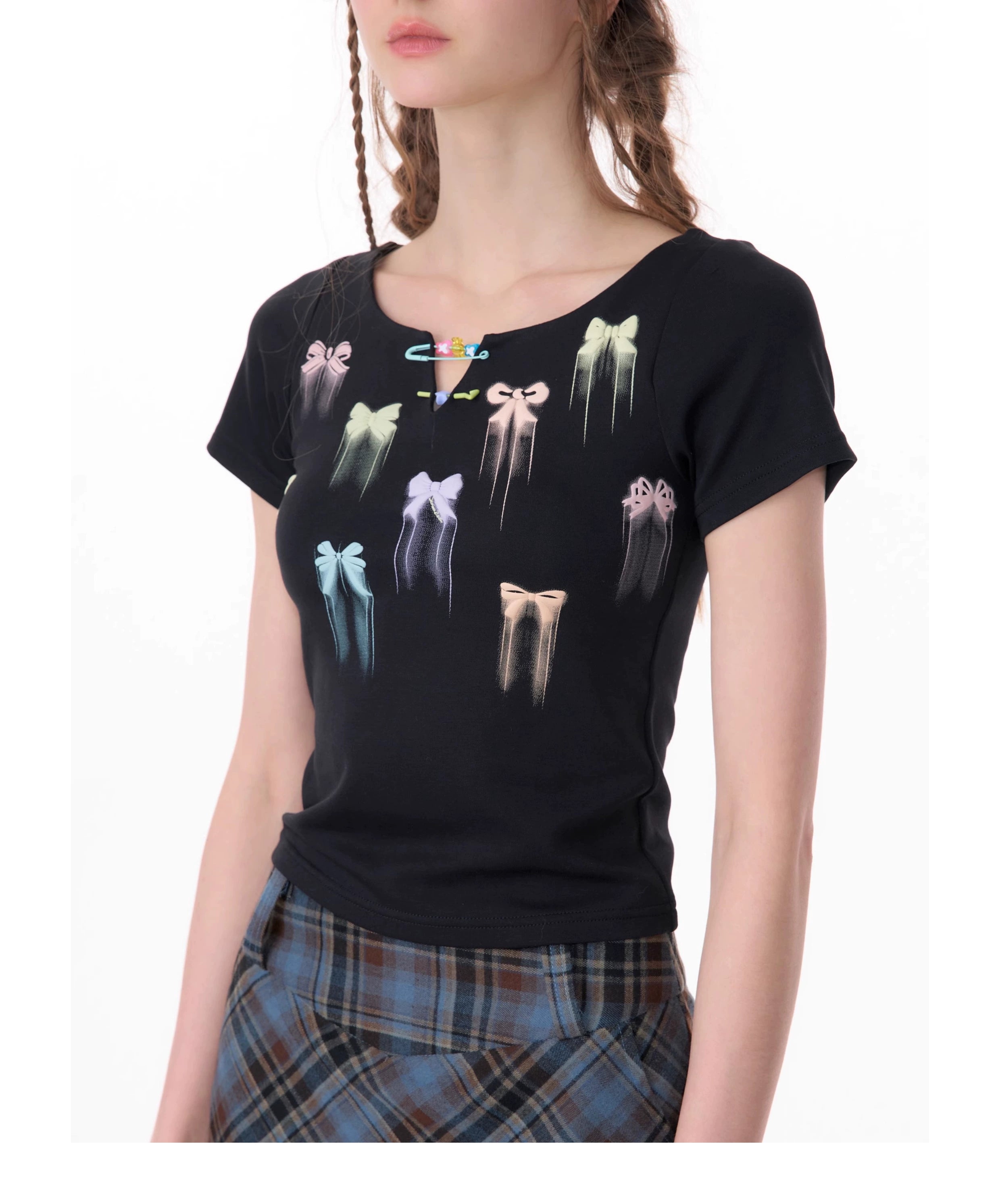 リボンプリント スリムフィット 半袖Tシャツ レディース