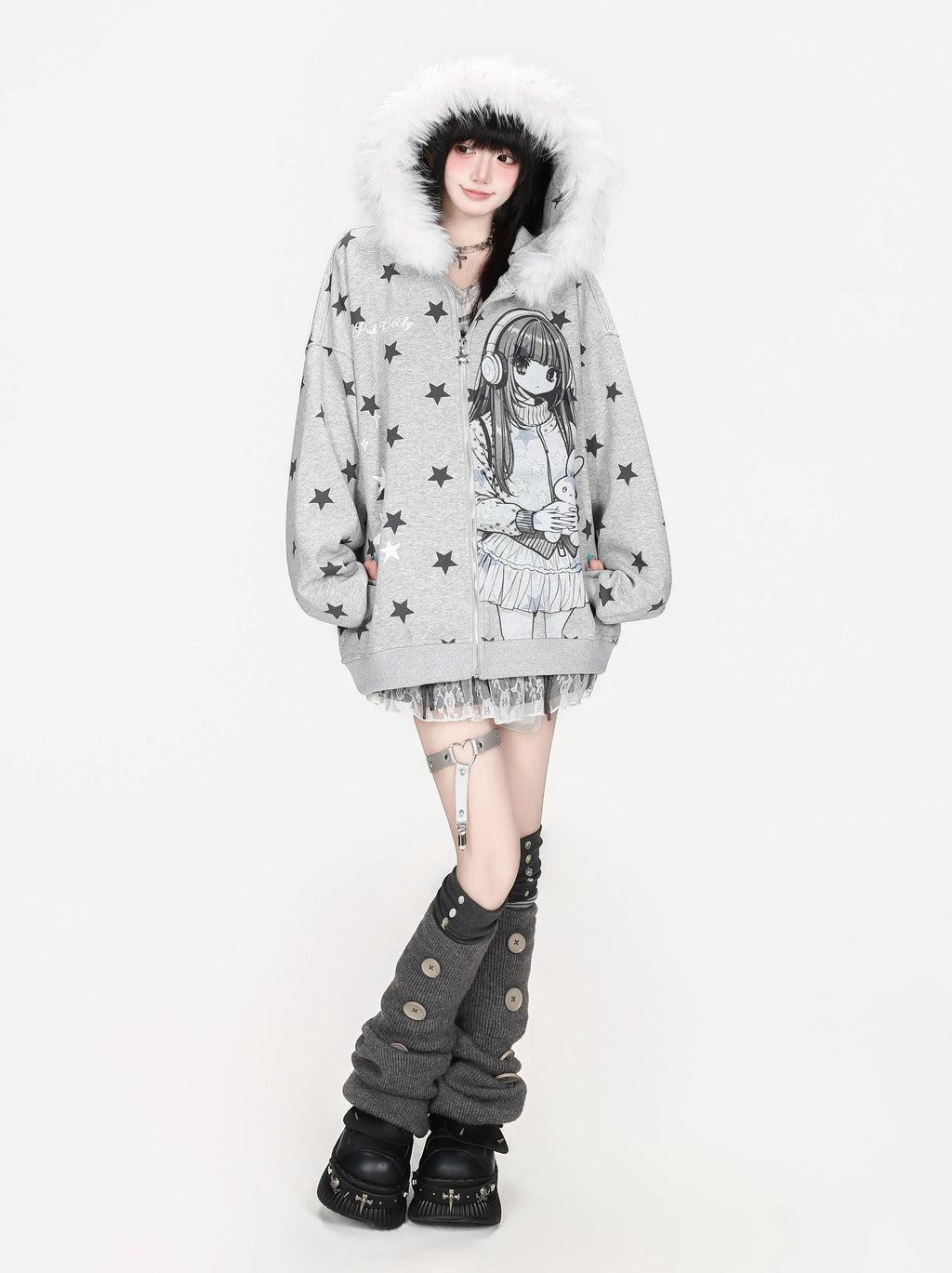Anime Girl Star Fur Trim Zip Hoodie OL2474 oliviroa オリヴィオラ