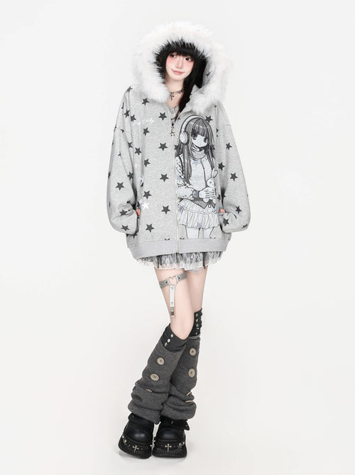 Anime Girl Star Fur Trim Zip Hoodie OL2474 oliviroa オリヴィオラ