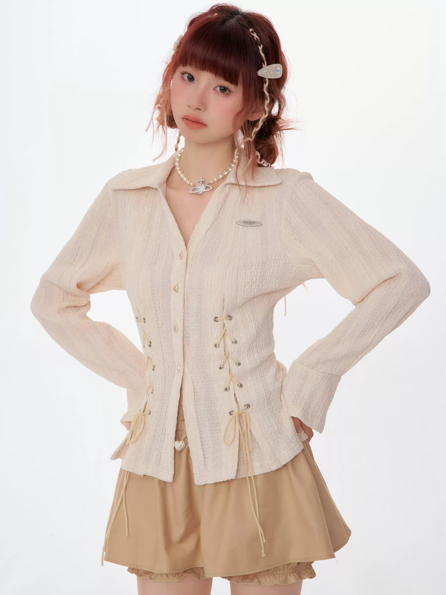 レトロ レースアップ 長袖シャツ スリムフィット レディース