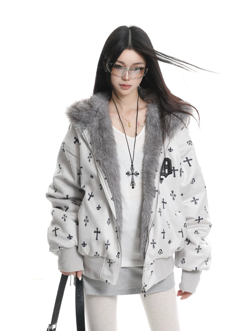 Bear Ear Cross Print Puffer Jacket OL2448 oliviroa オリヴィオラ