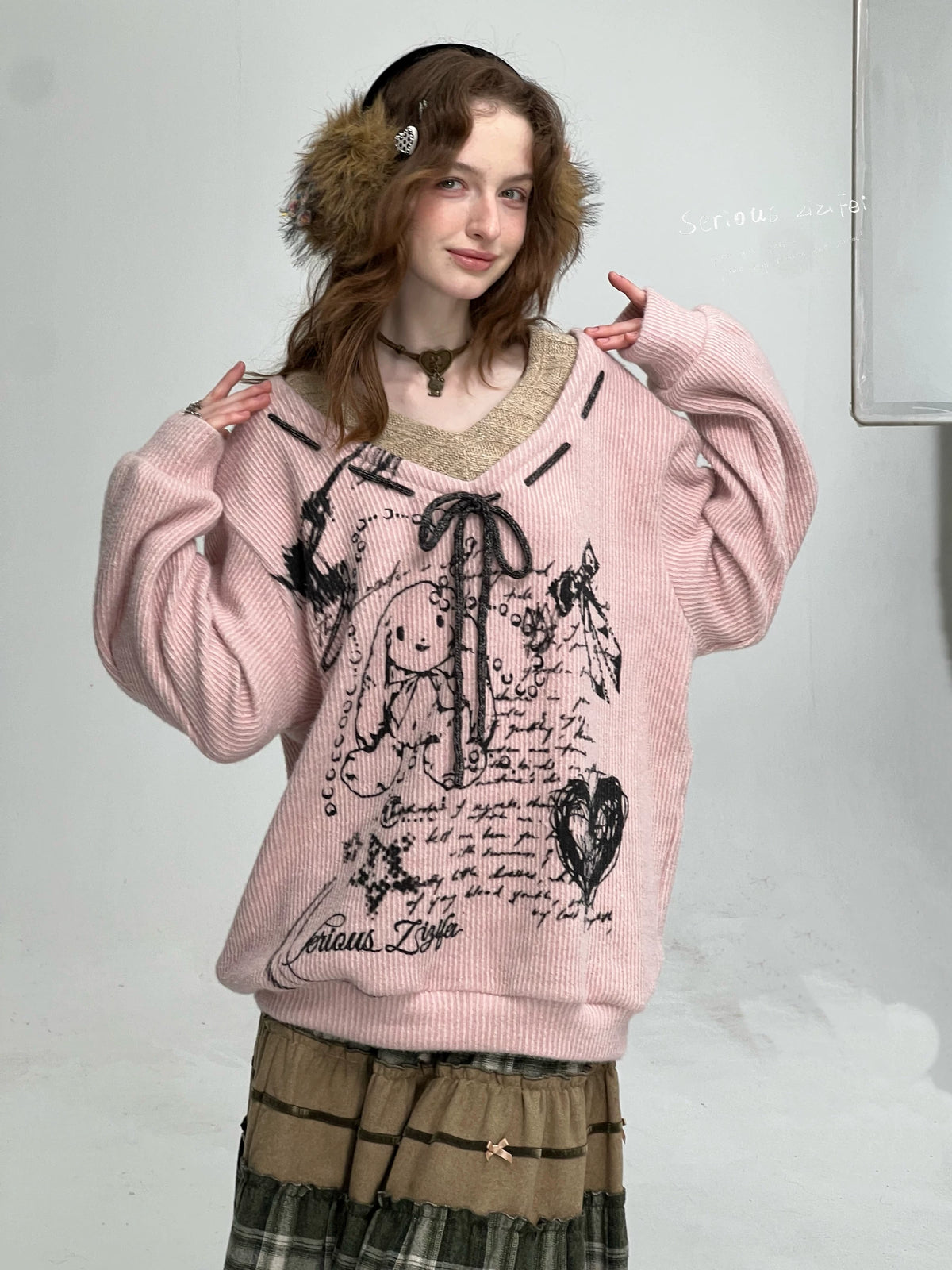 Rabbit Graphic V Neck Sweater OL2454 oliviroa オリヴィオラ