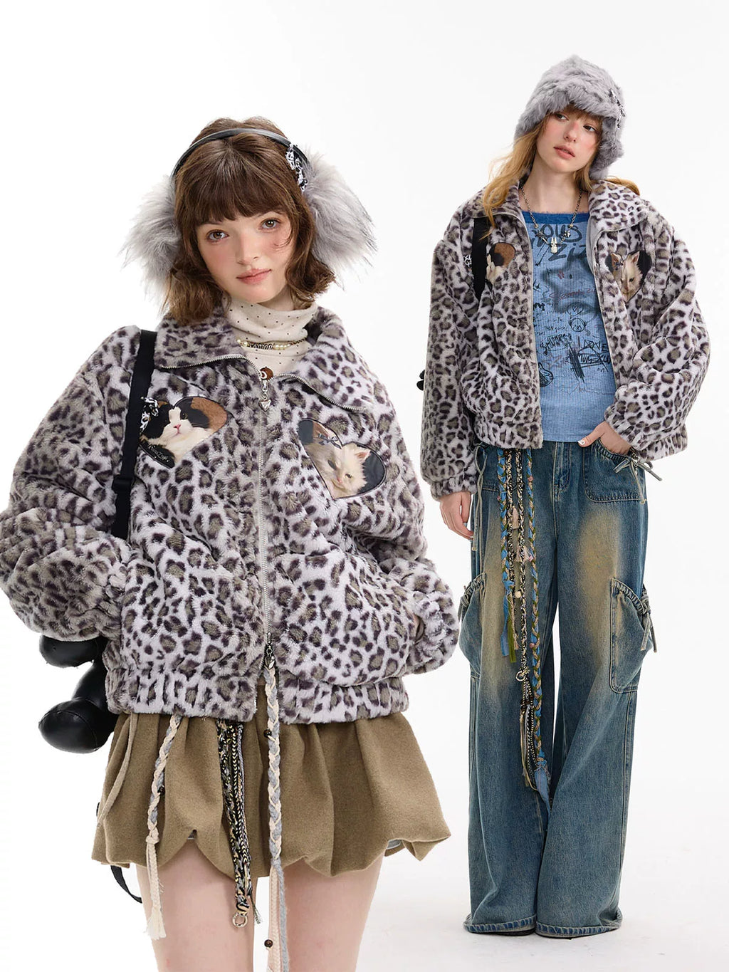 Cat Patch Leopard Fleece Jacket OL2455 oliviroa オリヴィオラ