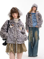 Cat Patch Leopard Fleece Jacket OL2455 oliviroa オリヴィオラ