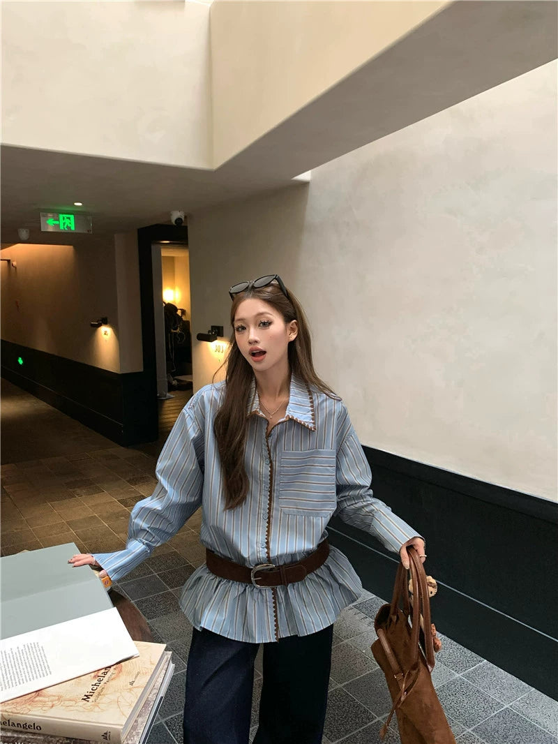 Retro Casual Blue Striped Shirt OL1822