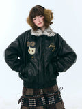 Cat Patch Fur Collar Faux Leather Jacket OL2456 oliviroa オリヴィオラ