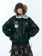 Cat Patch Fur Collar Faux Leather Jacket OL2456 oliviroa オリヴィオラ