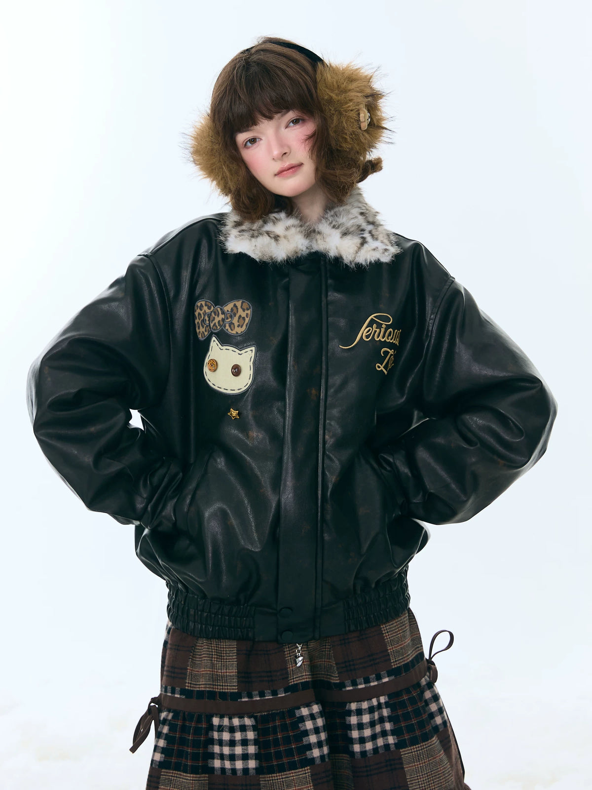 Cat Patch Fur Collar Faux Leather Jacket OL2456 oliviroa オリヴィオラ