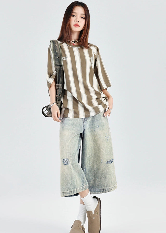 ダメージ加工 デニムショートパンツ レディース ワイド 夏用