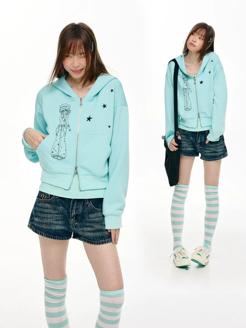 Anime Girl Star Cropped Zip Hoodie OL2468 oliviroa オリヴィオラ