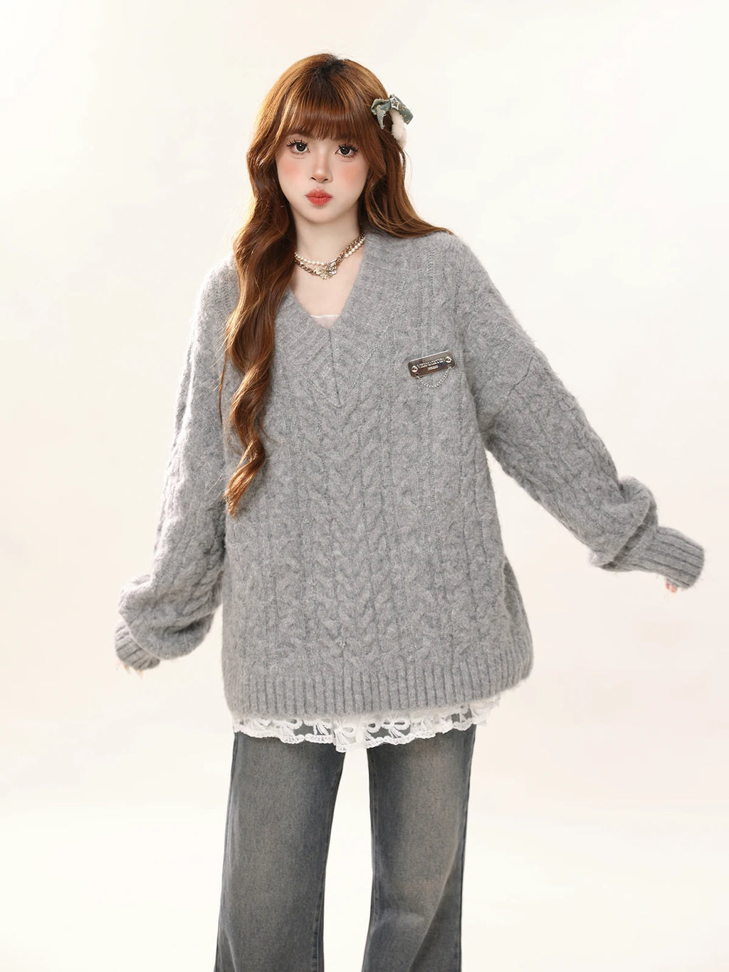 Cable V Neck Sweater and Lace Cami Dress OL2470 oliviroa オリヴィオラ
