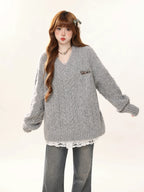 Cable V Neck Sweater and Lace Cami Dress OL2470 oliviroa オリヴィオラ