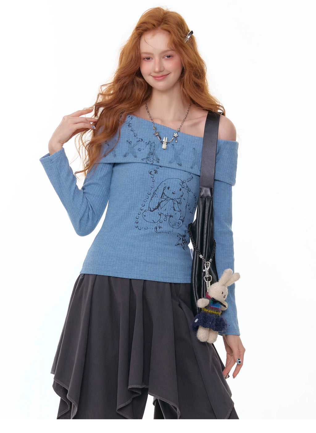 オフショルダー うさぎプリント 長袖Tシャツ  OL1810