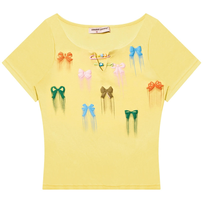 リボンプリント スリムフィット 半袖Tシャツ レディース