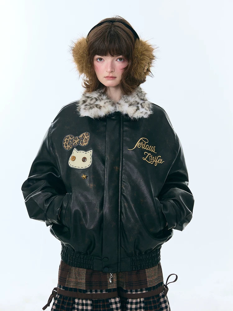 Cat Patch Fur Collar Faux Leather Jacket OL2456 oliviroa オリヴィオラ