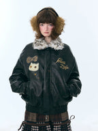Cat Patch Fur Collar Faux Leather Jacket OL2456 oliviroa オリヴィオラ