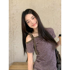 韓国風 オフショルダー タイトTシャツ 紫ボーダー  OL1820