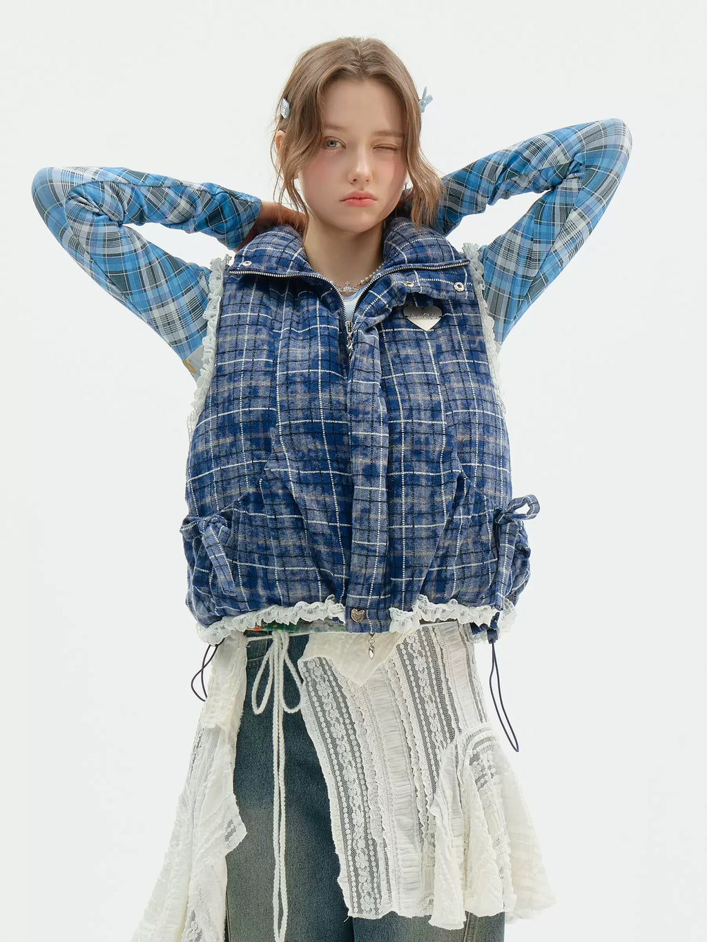 Plaid Drawstring Puffer Vest OL2452 oliviroa オリヴィオラ