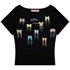 リボンプリント スリムフィット 半袖Tシャツ レディース