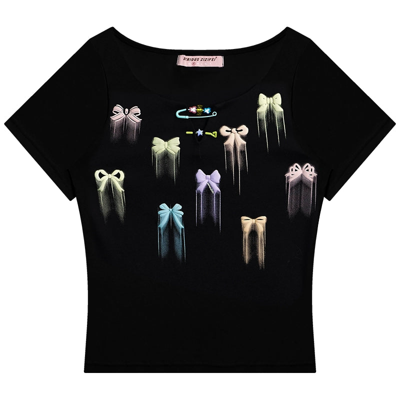 リボンプリント スリムフィット 半袖Tシャツ レディース