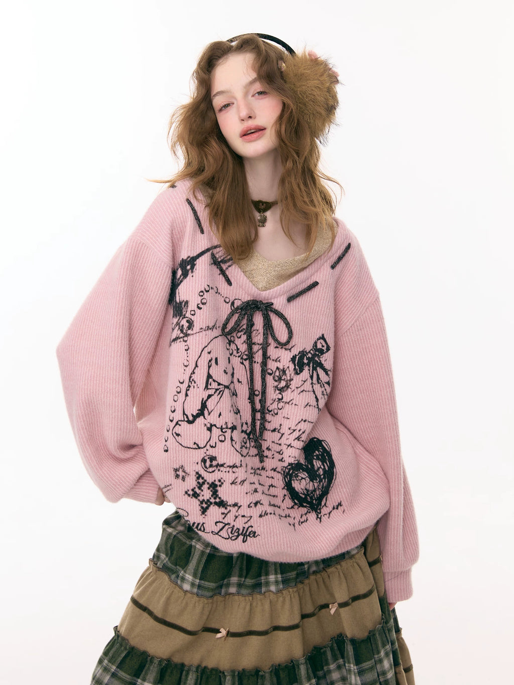 Rabbit Graphic V Neck Sweater OL2454 oliviroa オリヴィオラ