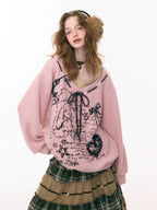 Rabbit Graphic V Neck Sweater OL2454 oliviroa オリヴィオラ