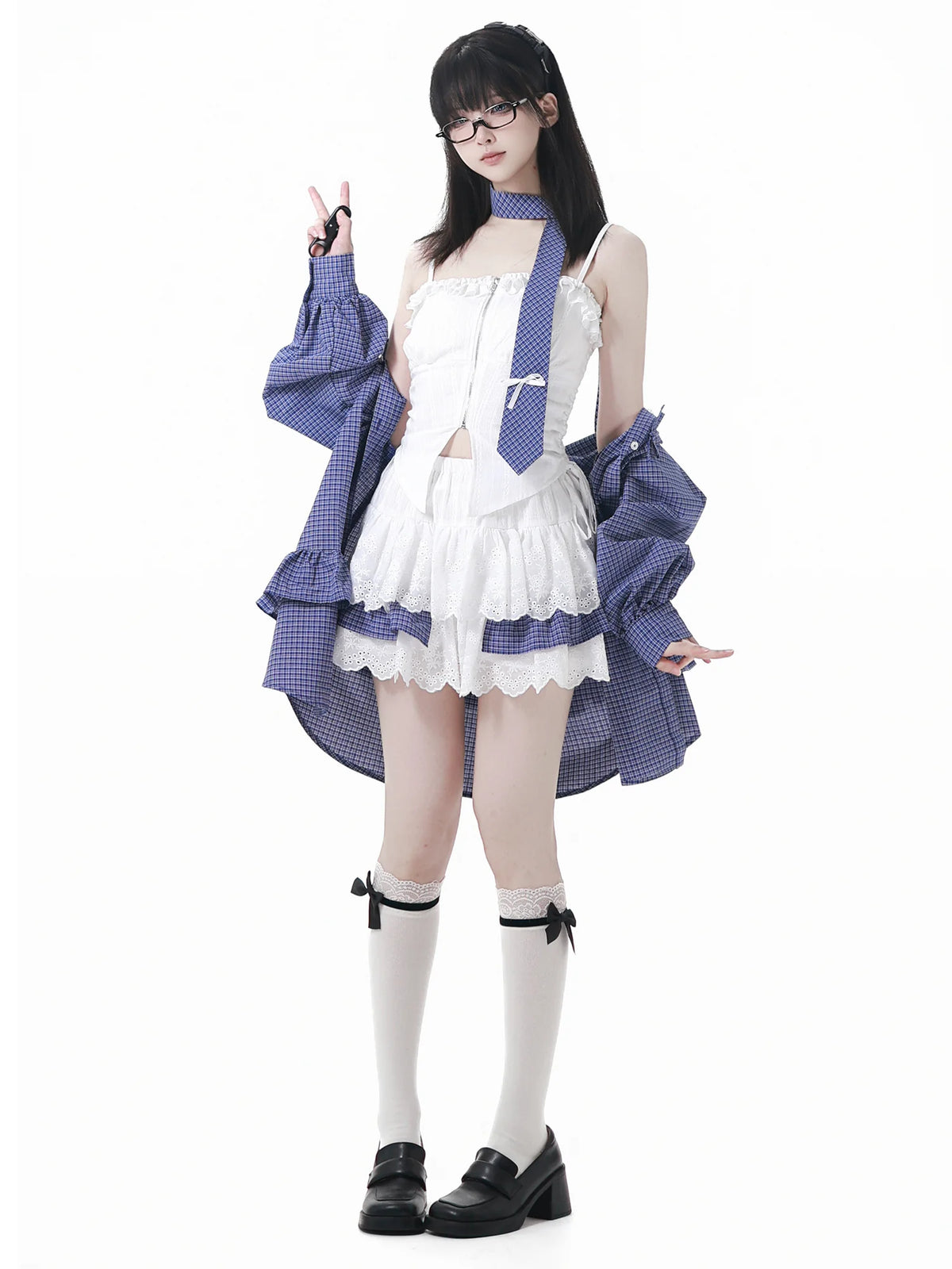 Plaid Shirt Lace Cami and Tiered Skirt Separates OL2477 oliviroa オリヴィオラ