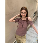 韓国風 オフショルダー タイトTシャツ 紫ボーダー  OL1820