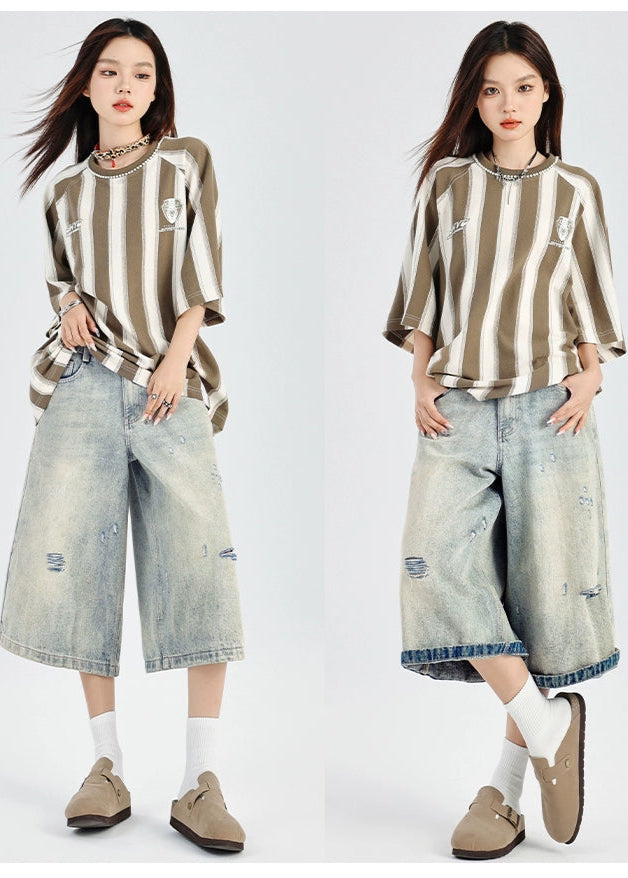ダメージ加工 デニムショートパンツ レディース ワイド 夏用