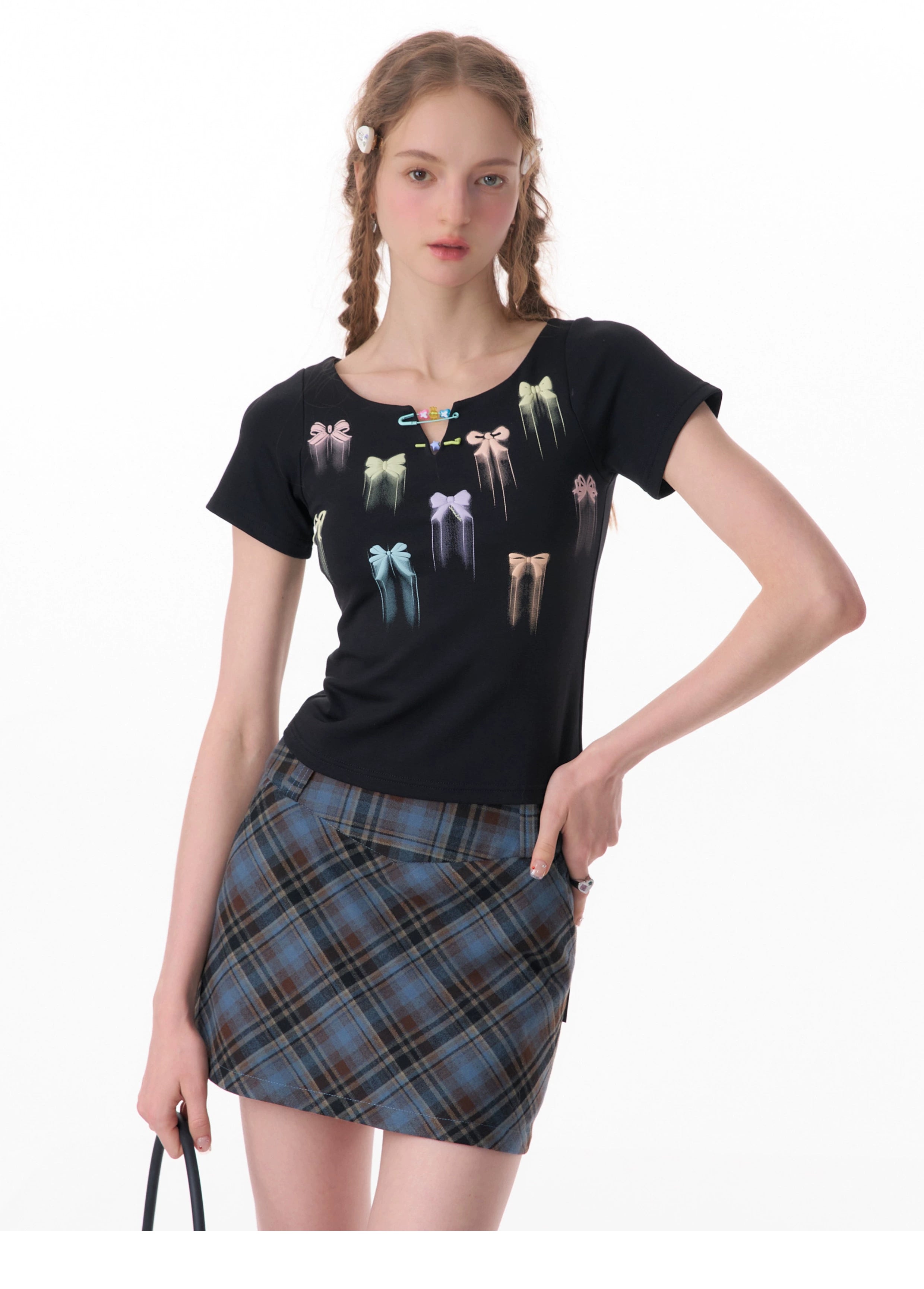リボンプリント スリムフィット 半袖Tシャツ レディース