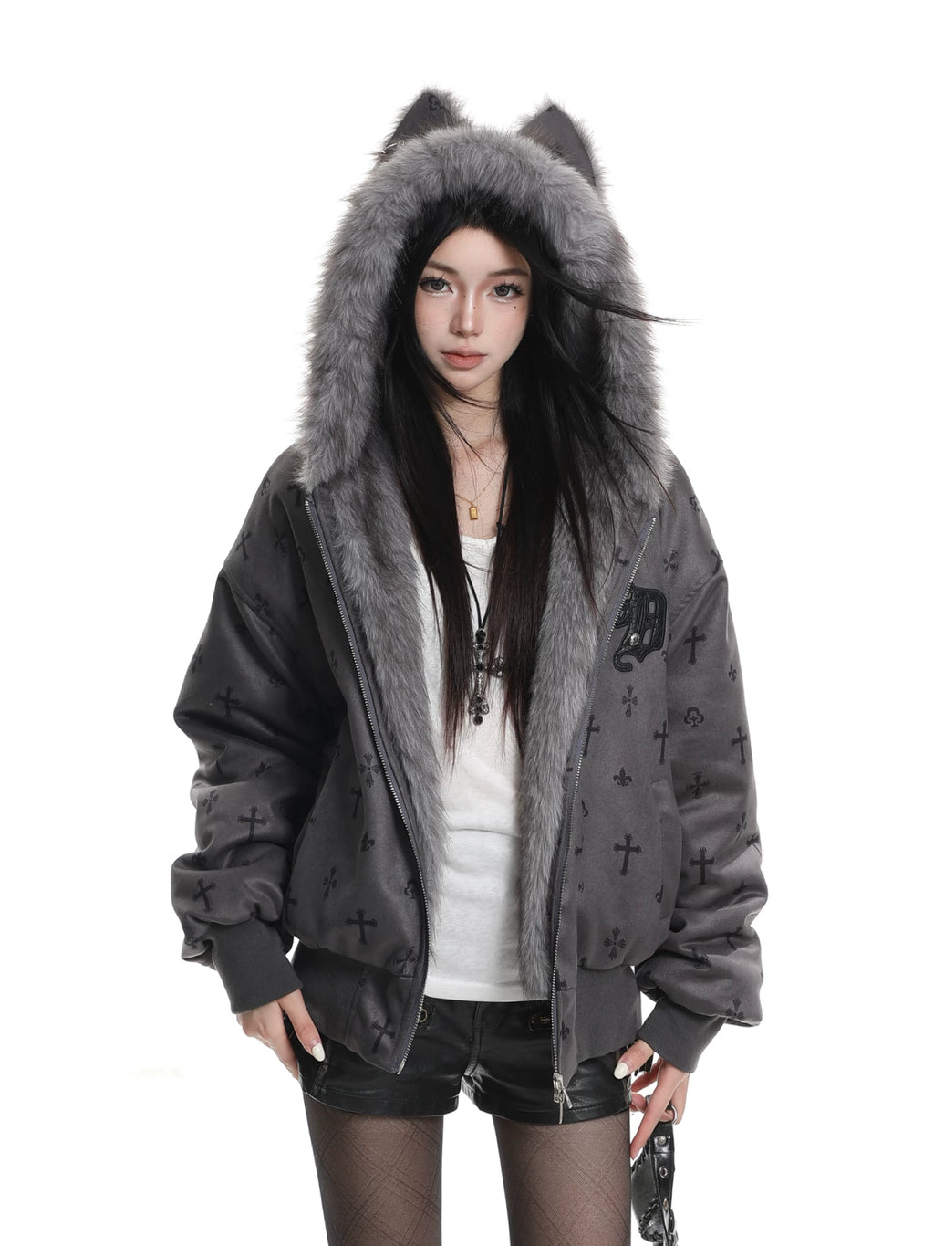 Bear Ear Cross Print Puffer Jacket OL2448 oliviroa オリヴィオラ