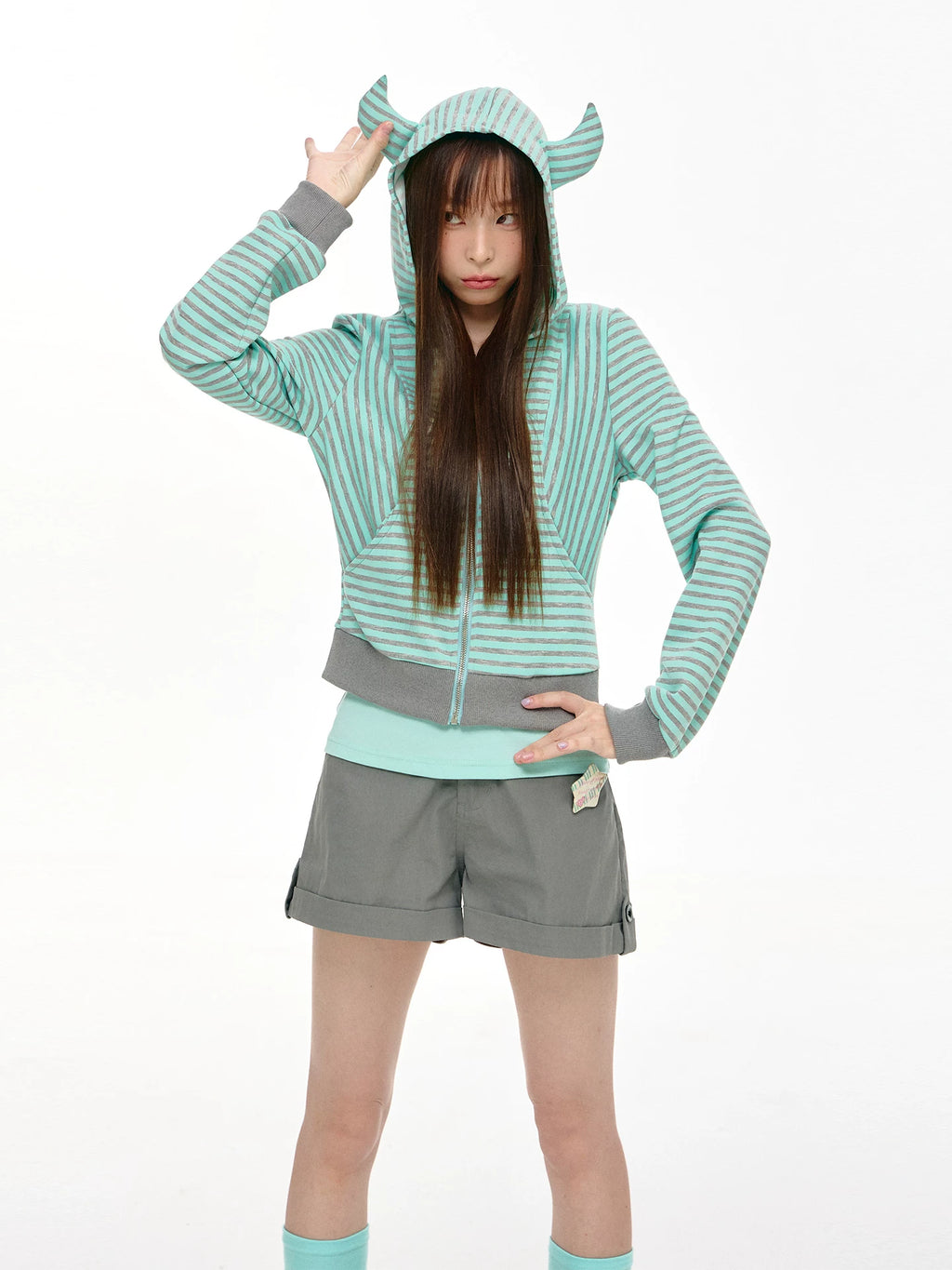 Horn Hood Striped Zip Hoodie OL2467 oliviroa オリヴィオラ