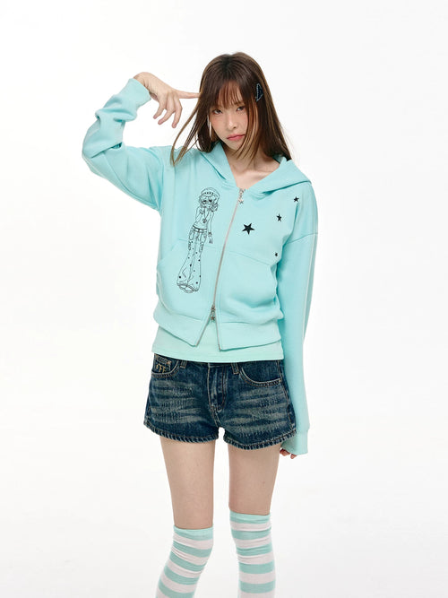 Anime Girl Star Cropped Zip Hoodie OL2468 oliviroa オリヴィオラ