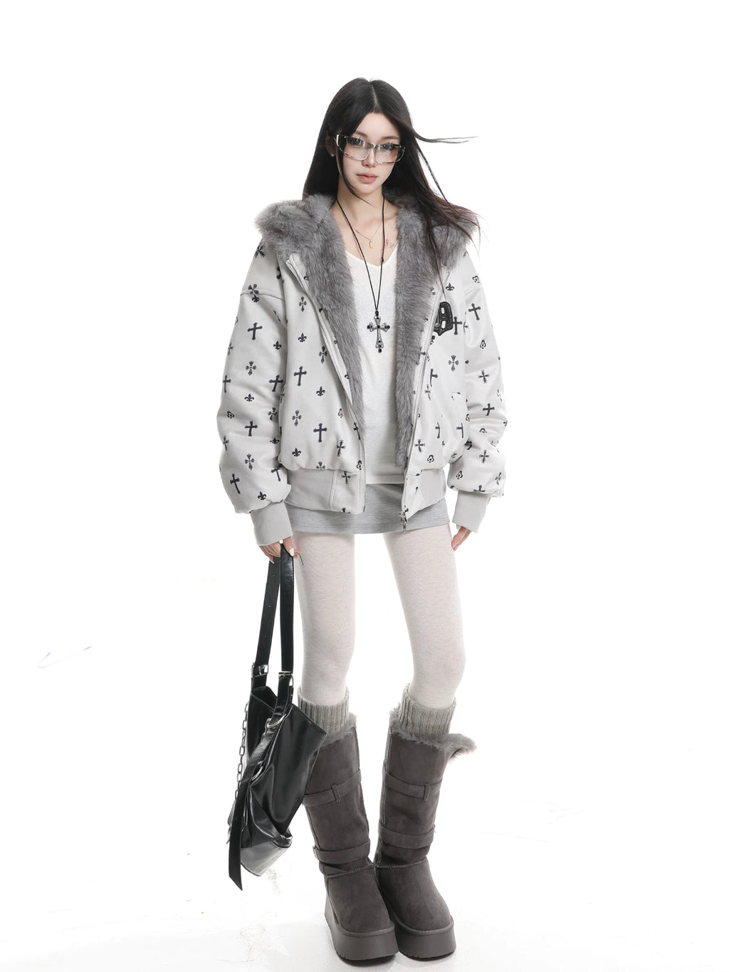 Bear Ear Cross Print Puffer Jacket OL2448 oliviroa オリヴィオラ