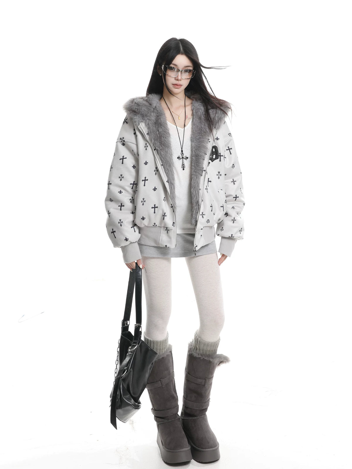 Bear Ear Cross Print Puffer Jacket OL2448 oliviroa オリヴィオラ