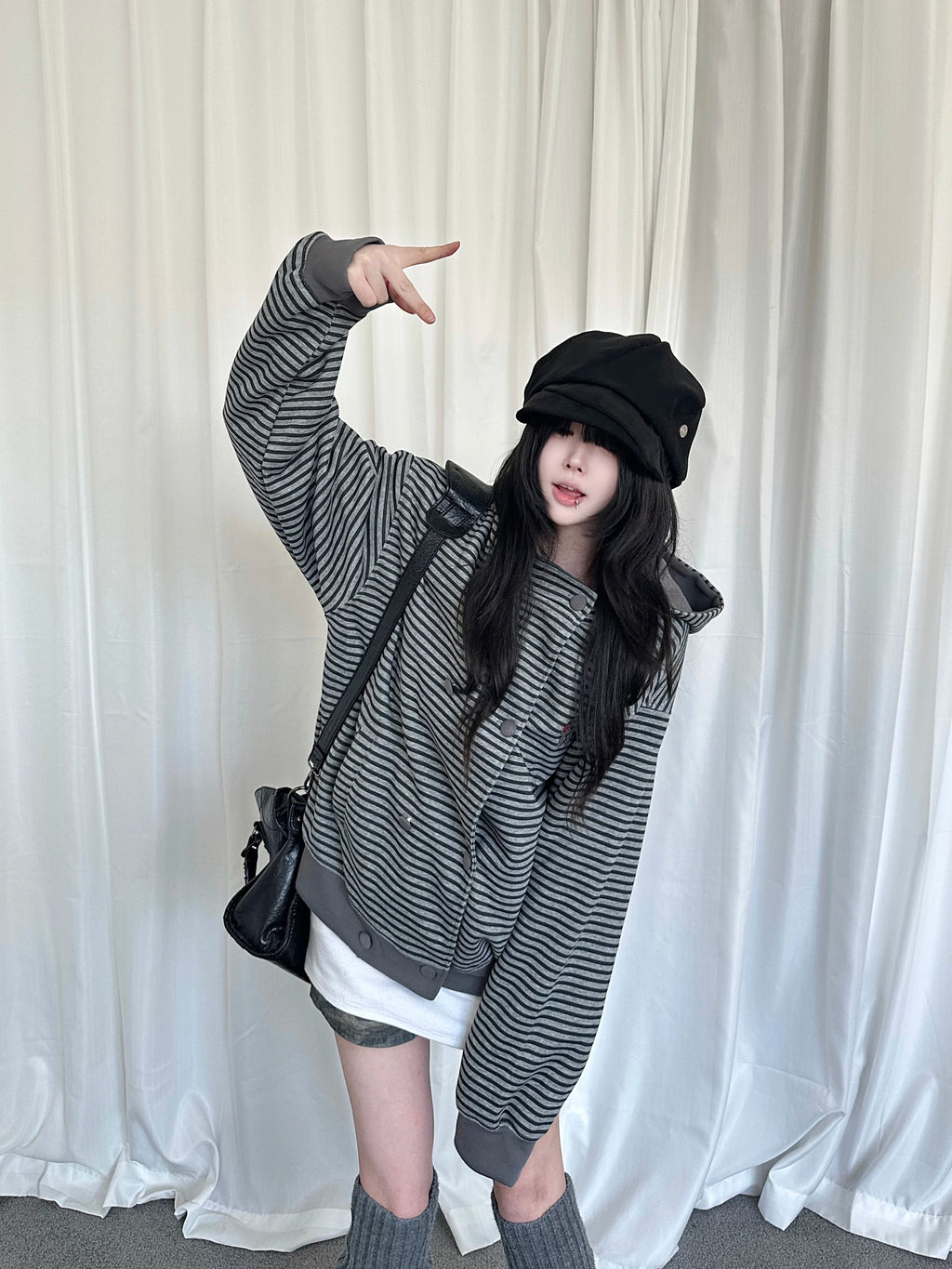 Double Breasted Stripe Hooded Cardigan OL2449 oliviroa オリヴィオラ