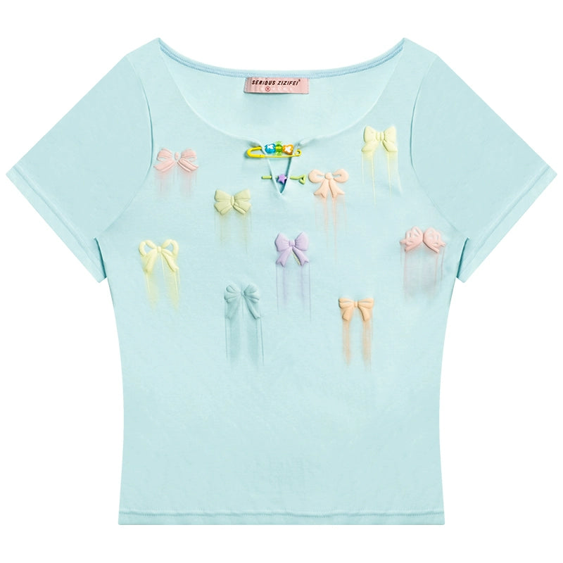 リボンプリント スリムフィット 半袖Tシャツ レディース