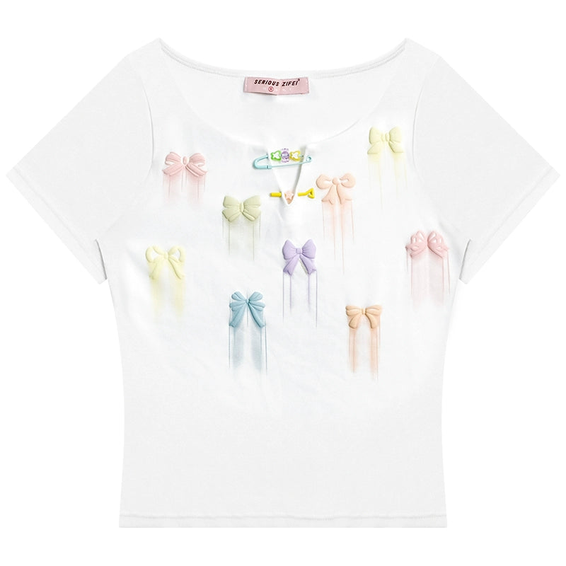リボンプリント スリムフィット 半袖Tシャツ レディース